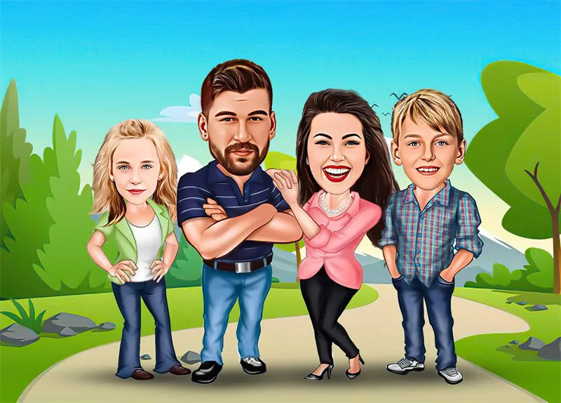 Personalisiertes Familienposter Karikatur in der Natur